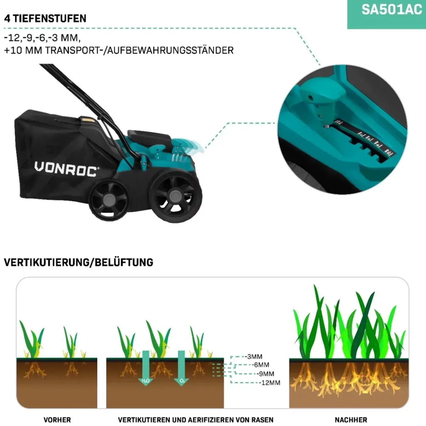 VONROC Elektrische Verticuteermachine / Gazonbeluchter 1300w - 32 Cm | Incl. 35l Opvangbak