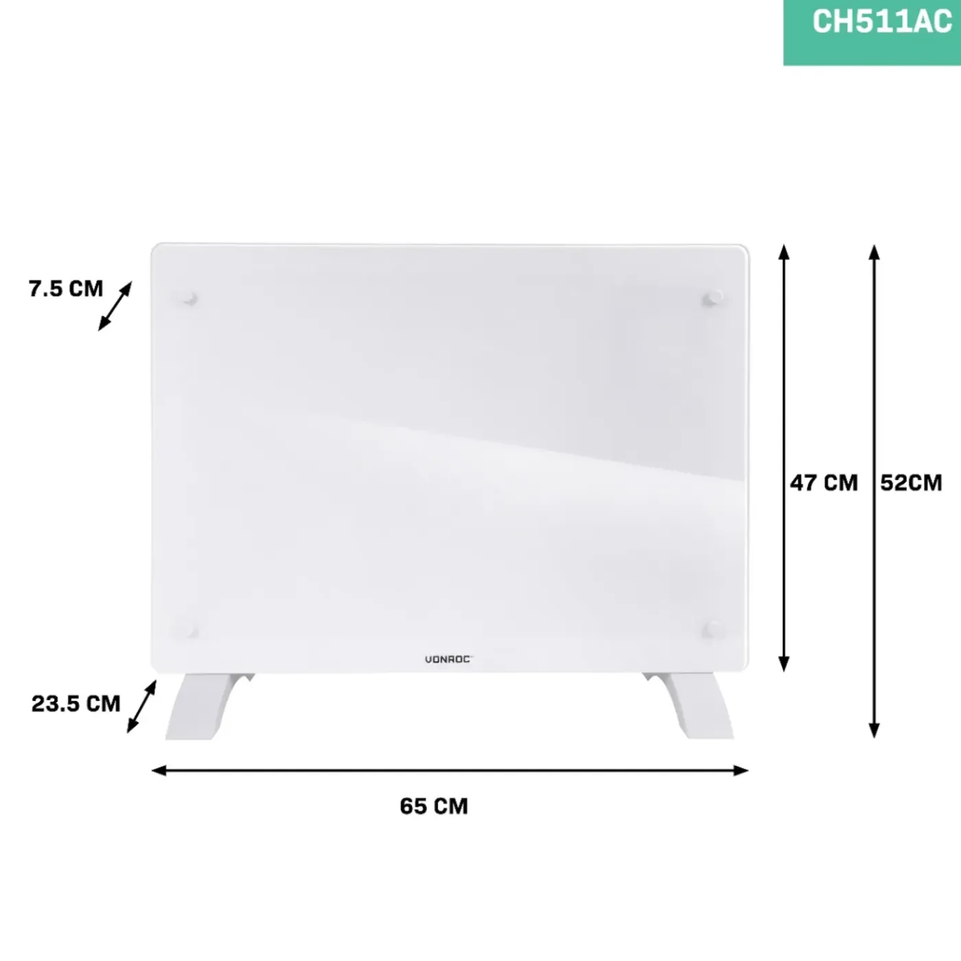 VONROC Luxe Elektrische Kachel – Convector - Glazen Paneel - 1500w - Wit | Wifi