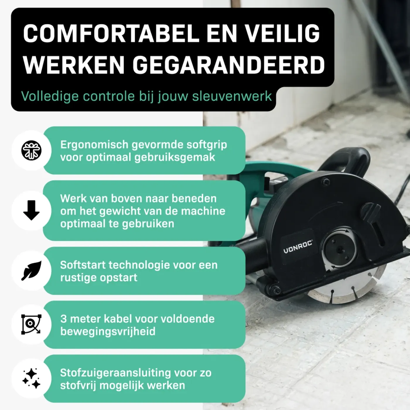 VONROC Muurfrees – Sleufmachine – 1700w – Diam.150mm – Incl. 1 Stuks Diamantschijven & Opbergtas
