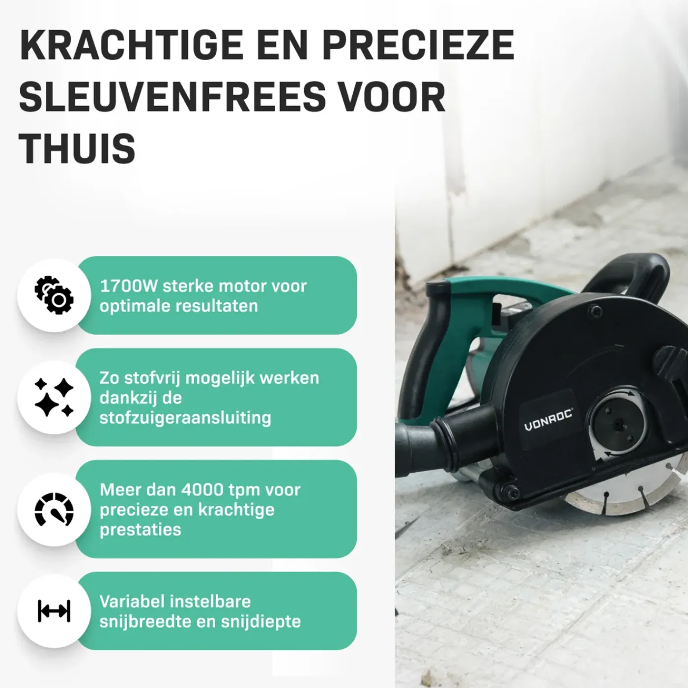 VONROC Muurfrees – Sleufmachine – 1700w – Diam.150mm – Incl. 1 Stuks Diamantschijven & Opbergtas