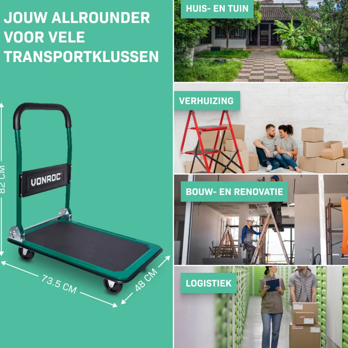 VONROC Plateauwagen/transportwagen – Opvouwbaar – Draagvermogen Max. 150kg