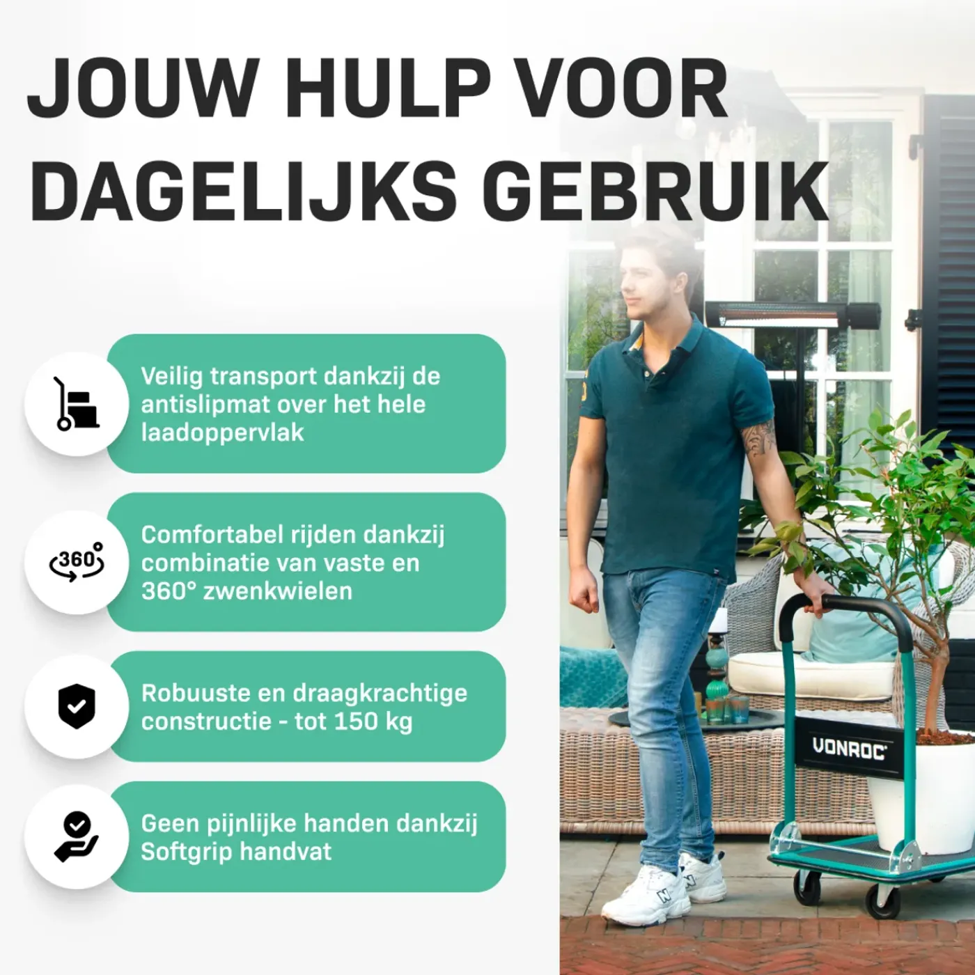 VONROC Plateauwagen/transportwagen – Opvouwbaar – Draagvermogen Max. 150kg