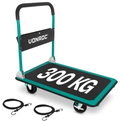 VONROC Plateauwagen Transportkar – 300kg Draagvermogen – 90x60cm – Zwenkwielen – Met Remmen