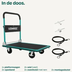 VONROC Plateauwagen Transportkar – 300kg Draagvermogen – 90x60cm – Zwenkwielen – Met Remmen