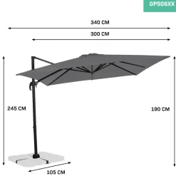 VONROC Premium Zweefparasol Pisogne 300x300cm – Incl. Kruisvoet & Beschermhoes – Grijs