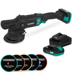 Vonroc Pro Excentrische Polijstmachine 20v - 125mm - Incl. 2x 2.0ah Accu, Lader En 5 Polijstschijven