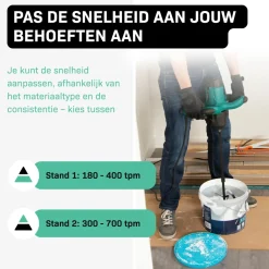 Vonroc Verf / Cementmenger – 1800w – 2 Versnellingen – 3m Rubberen Kabel – Incl. Roerstaaf 140x600mm