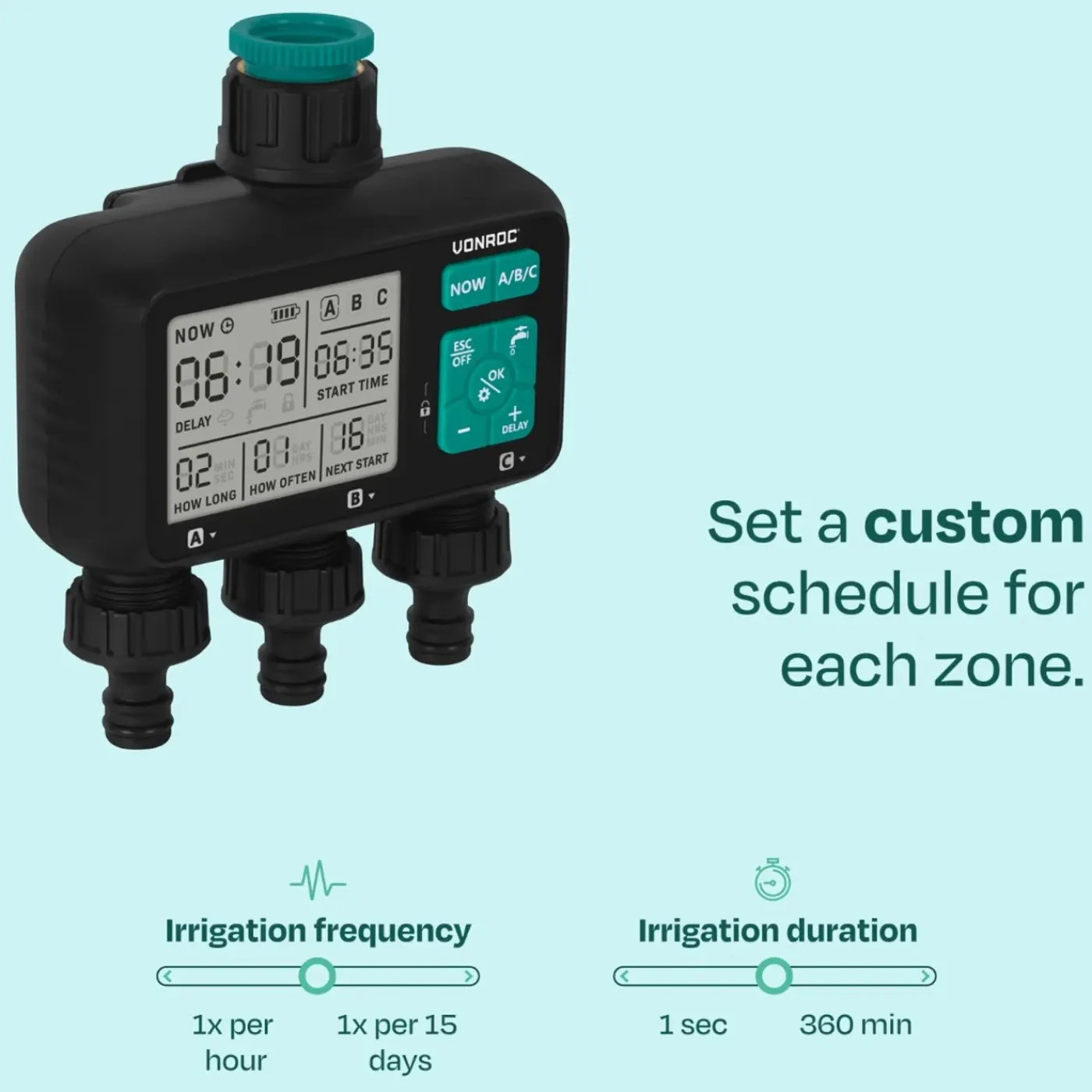VONROC 3-weg Watertimer - Instelbare Bewateringstijd Voor 3 Zones - Frequentie Per Zone