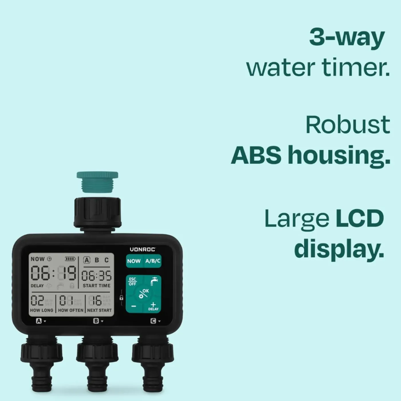 VONROC 3-weg Watertimer - Instelbare Bewateringstijd Voor 3 Zones - Frequentie Per Zone