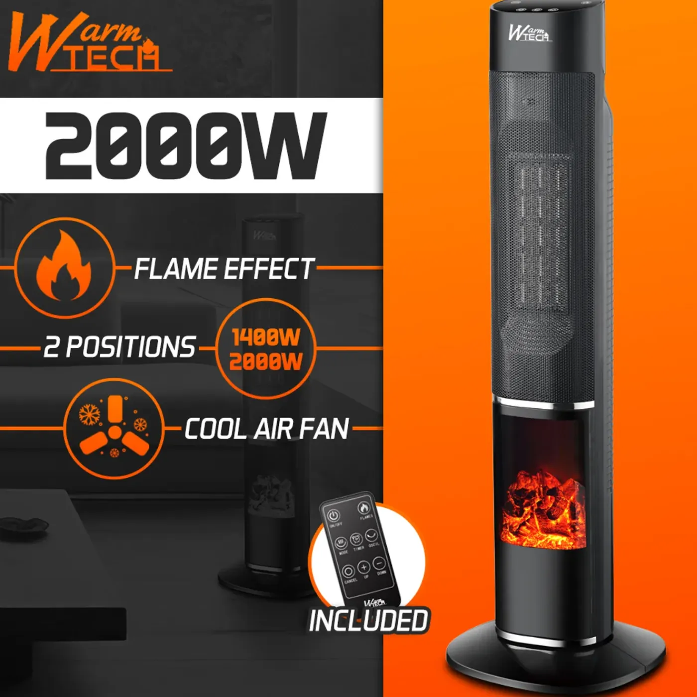 WARM TECH - 2000 W Oscillerende Keramische Radiator Met Vlameffect