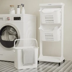 Wasophoogte Wasmand 3 Vakken - Wit - Met Wieltjes