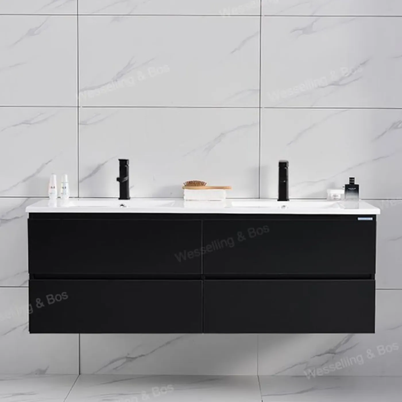 WEBO sanitair WEBO Badkamermeubel Set London 140cm - Zwart - Badmeubel met Wastafel - Inclusief 2 kranen en afvoer