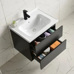 WEBO sanitair WEBO Badkamermeubel Set London 60cm - Zwart - Badmeubel met Zwarte Wastafel - Inclusief kraan en afv