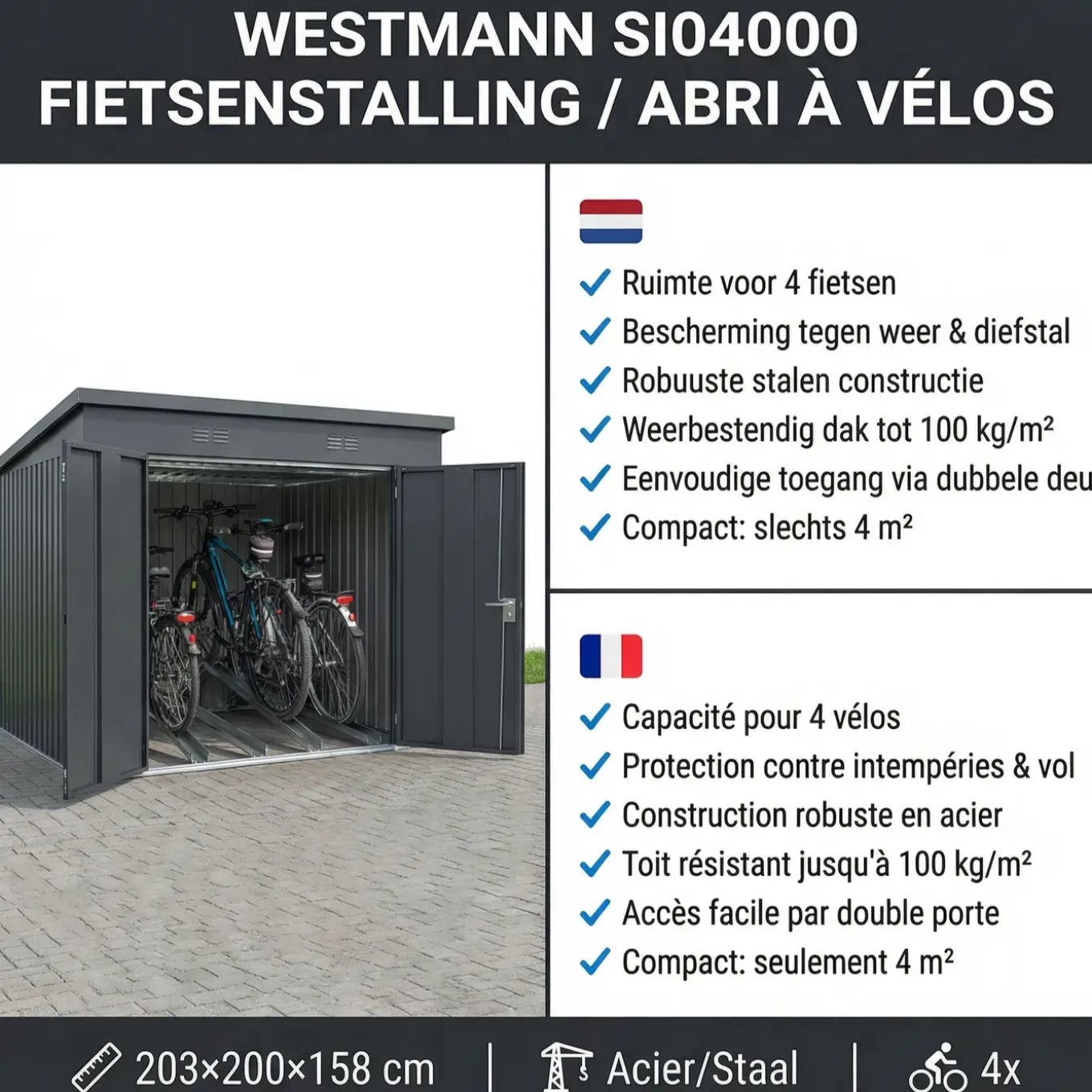 Westmann Fietsenberging - Fietsen Opslag 200x203x158 Cm - Antraciet