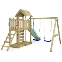 Wickey Speeltoestel Multiflyer Met Houten Dak, Schommel & Pastelgroene Glijbaan