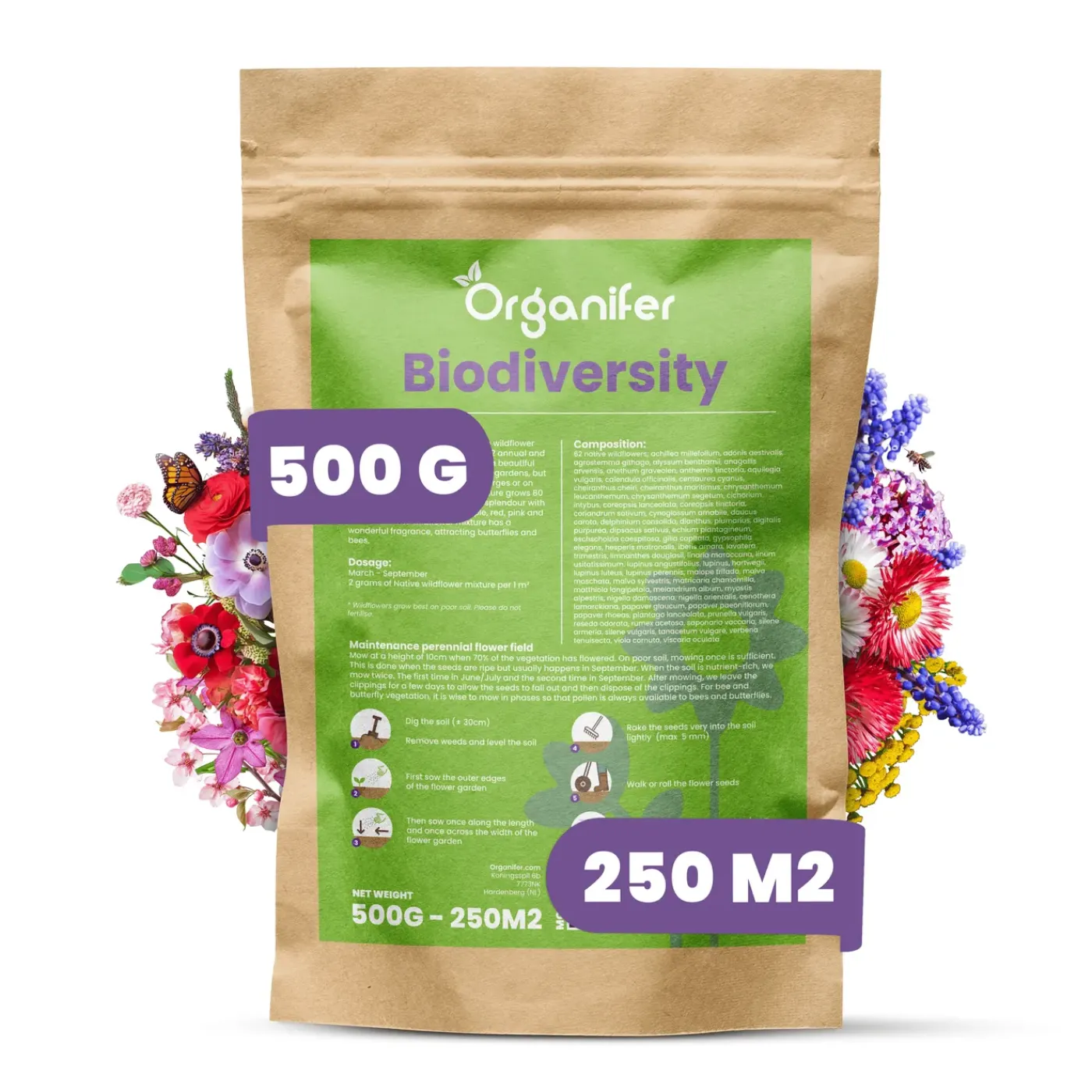 Organifer Wildbloemenmengsel - Biodiversity - 62 Soorten - 500 G Voor 250 M2 -