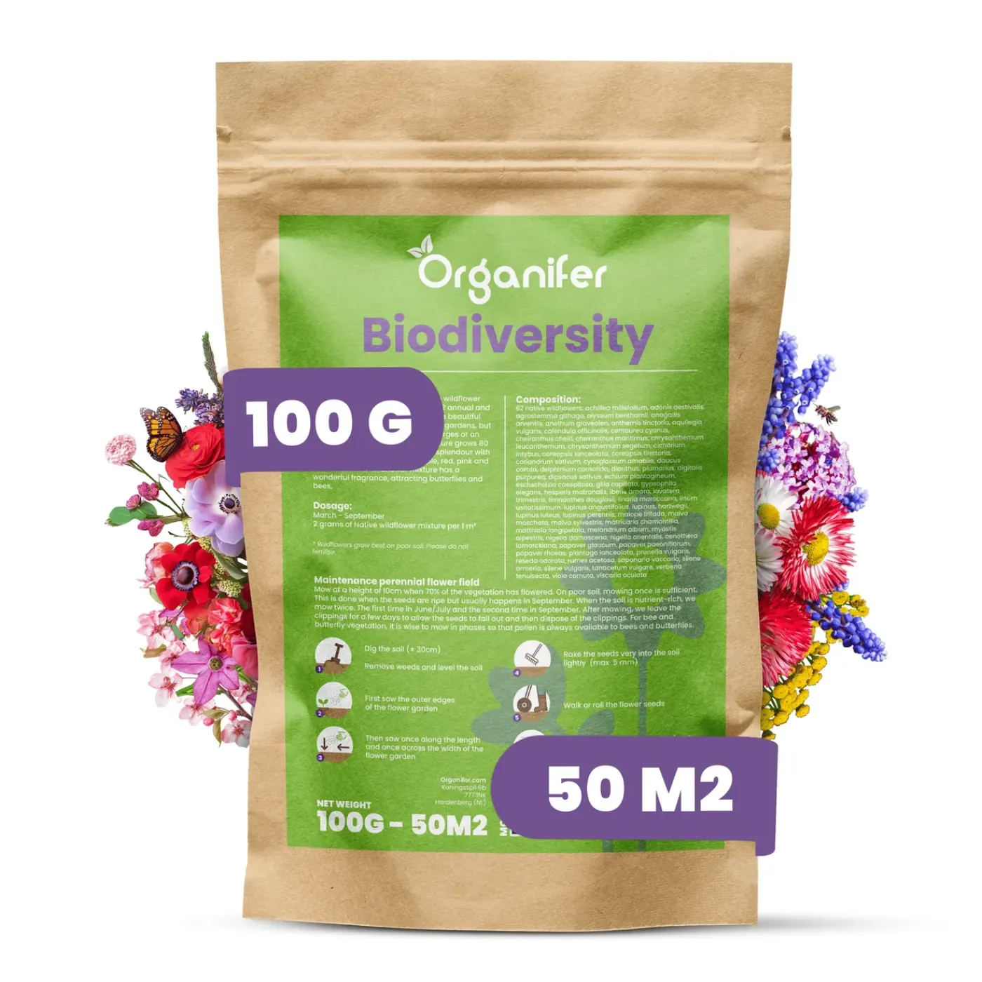 Organifer Wildbloemenmengsel - Biodiversity - 62 Soorten - 100 G Voor 50 M2 -