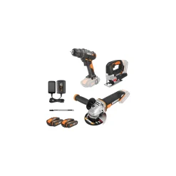 Worx 20V 3-tool combokit - Haakse slijper, decoupeerzaag en boormachine set WX955