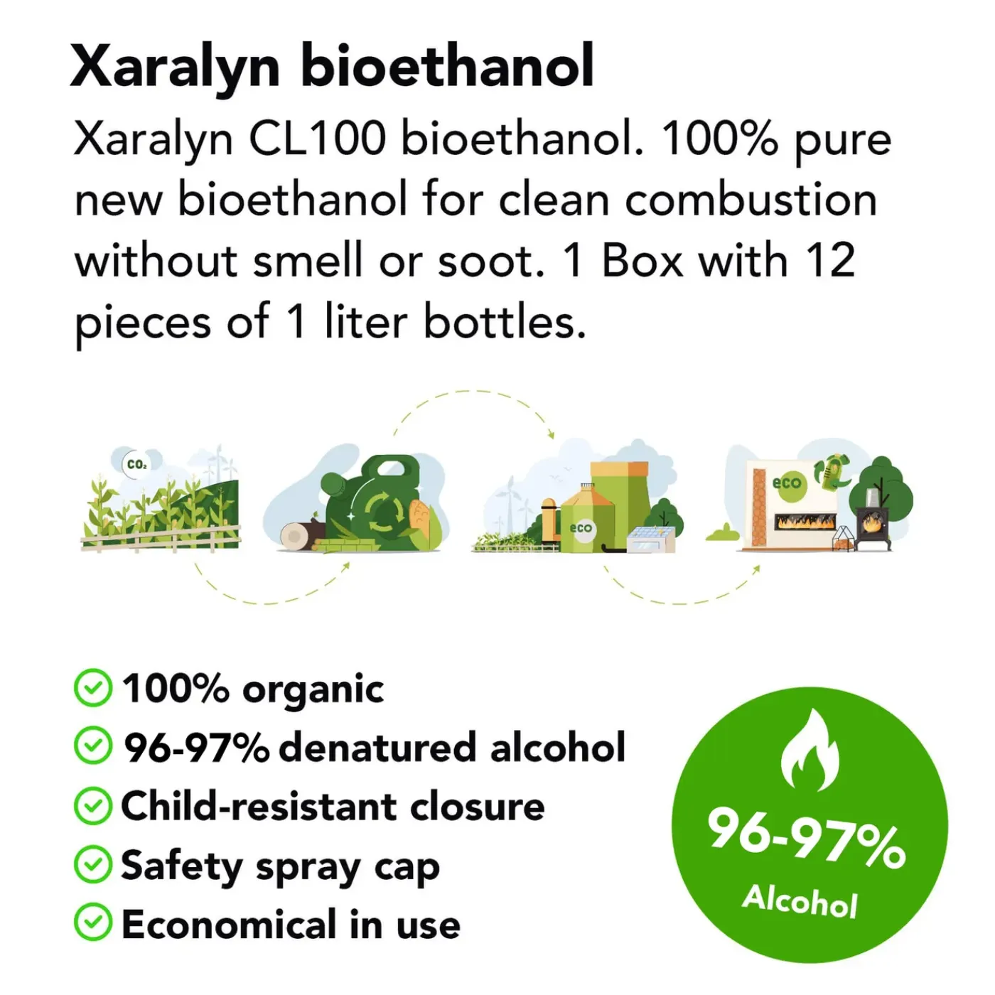 Xaralyn Bio-ethanol Cl100 (6 X 1 Liter) - 100% Zuivere Bio Ethanol - Mooie Gele Vlam - Zonder Toegev