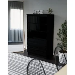 3xe Living Demii 5 Lade Stijlvolle & Ruime Ladekast 70cm, Mat Zwart / Glanzend Zwart