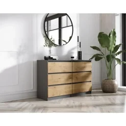 3xE living Demi Ladekast, Dressoir Met 6 Lades Antraciet & Lancelot Eiken, L- 120cm
