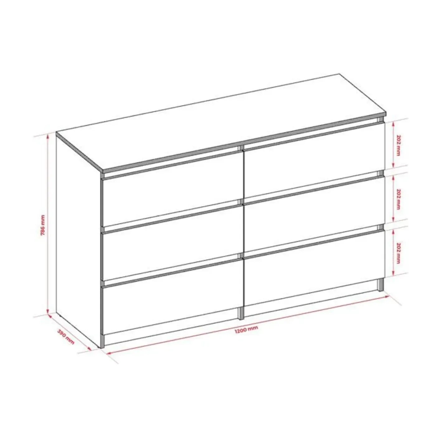 3xE living Demi Ladekast, Dressoir Met 6 Lades Antraciet & Lancelot Eiken, L- 120cm