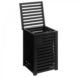 Zwarte Bamboe Wasmand 65 Ltr Met Deksel En Waszak 40x40x58 Cm - Zwart